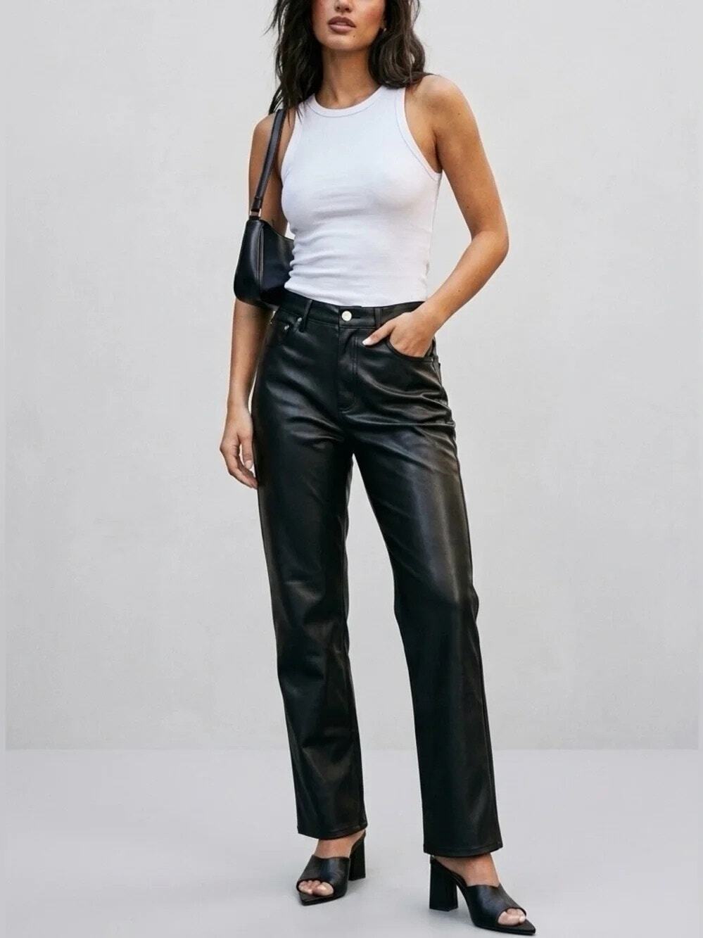 Pistola Revolve Black Faux Leather Straight Leg Pants 25 Quiet Luxury Y2K
